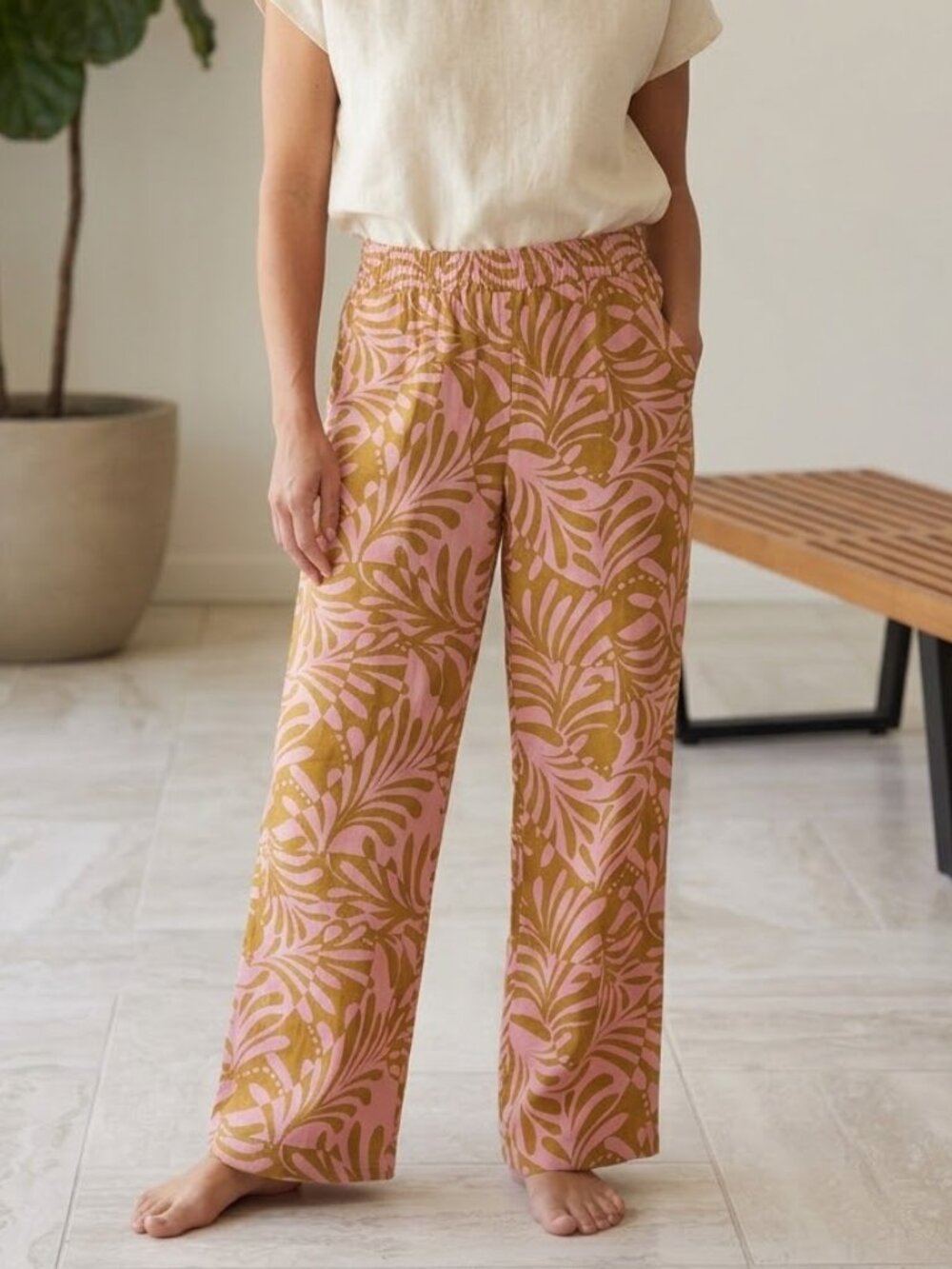 Rip Curl Women's Pink/Brown Palm Leaf Linen & Cotton Wide Leg Pants Medium Boho